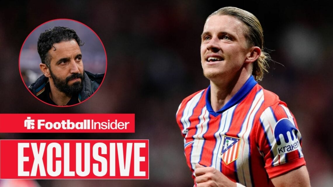 Ruben Amorim looking serious on the left for Man United with Conor Gallagher smiling for Atletico Madrid on the right