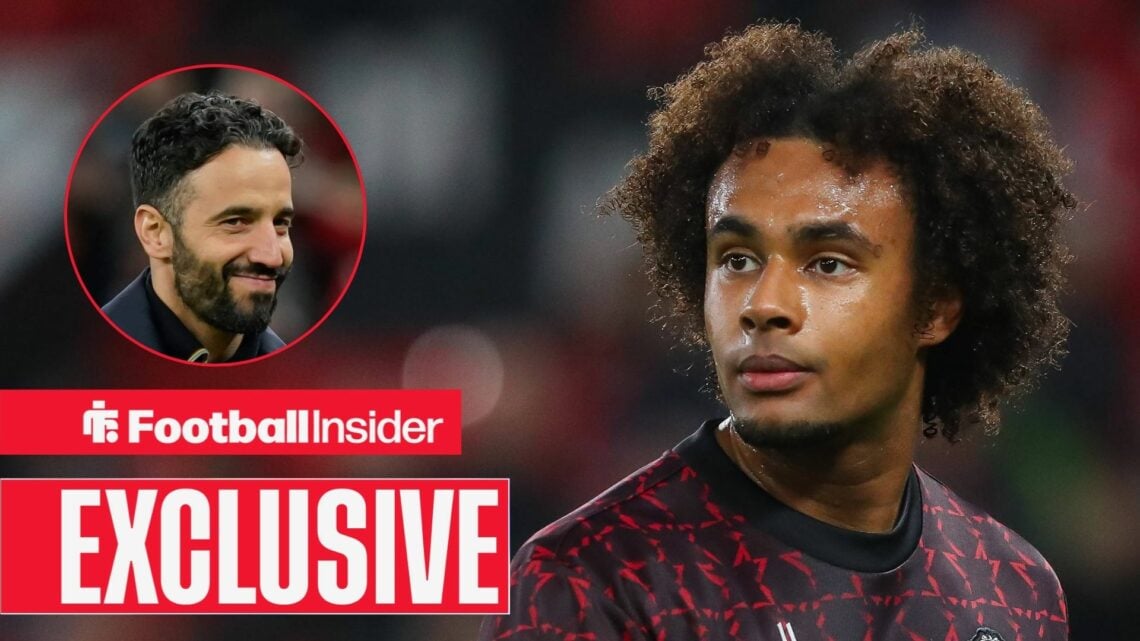 Ruben Amorim looking smug on the left with Joshua Zirkzee fearful on the right for Man United