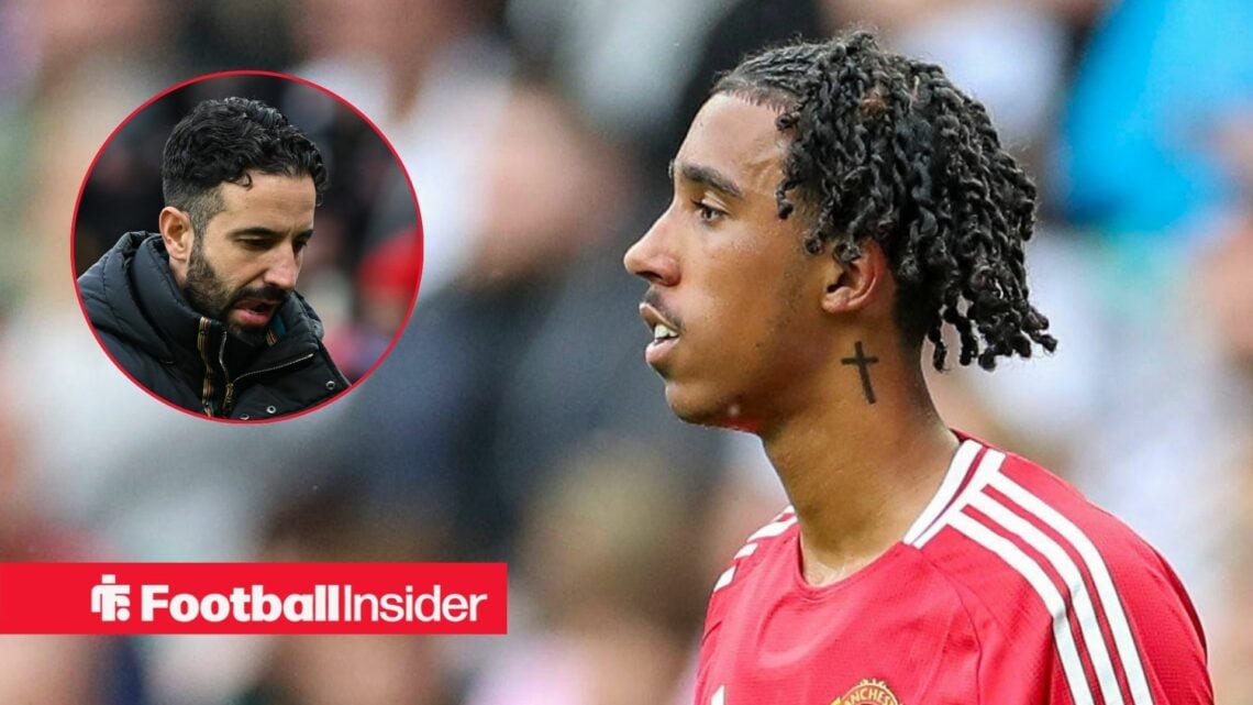 Ruben Amorim looking sad on the left with Leny Yoro focused on the right for Man United