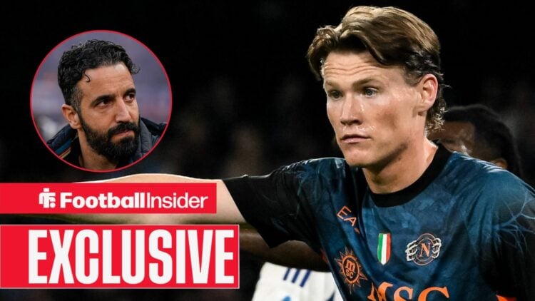 Ruben Amorim looking serious on the left for Man United with a focused Scott McTominay on the right