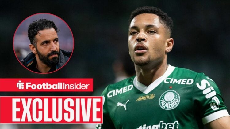 Ruben Amorim looking serious on the left for Man United and Vitor Roque fearless on the right