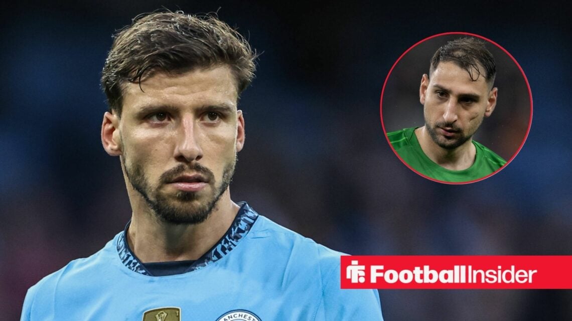 Ruben Dias in a Man City kit, Gianluigi Donnarumma in a circular inset