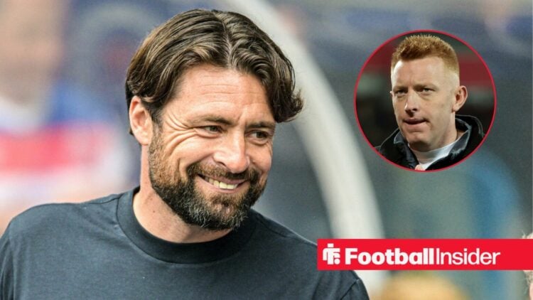 Russell Martin on the sidelines at Ibrox, with Will Still in a circular inset