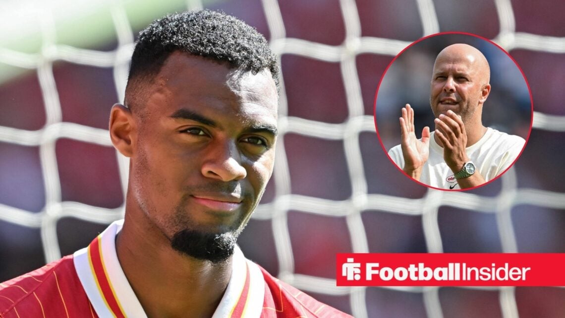 Ryan Gravenberch smiling on the left for Liverpool with Arne Slot clapping on the right