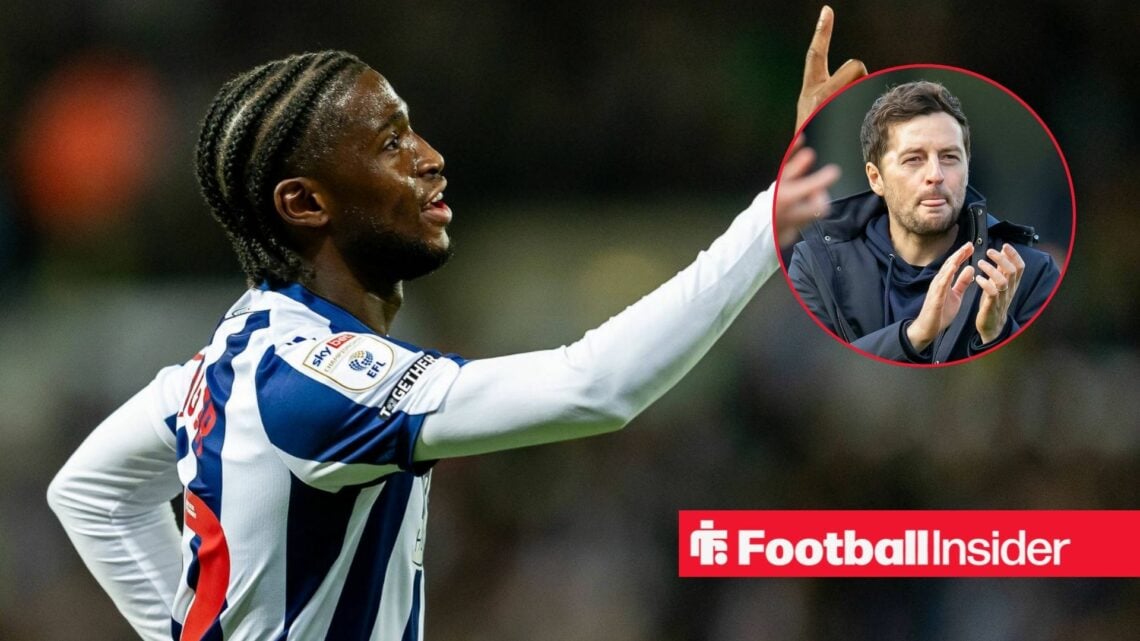 West Brom star Samuel Iling-Junior celebrates a goal as Ryan Mason applauds in a circular inset.