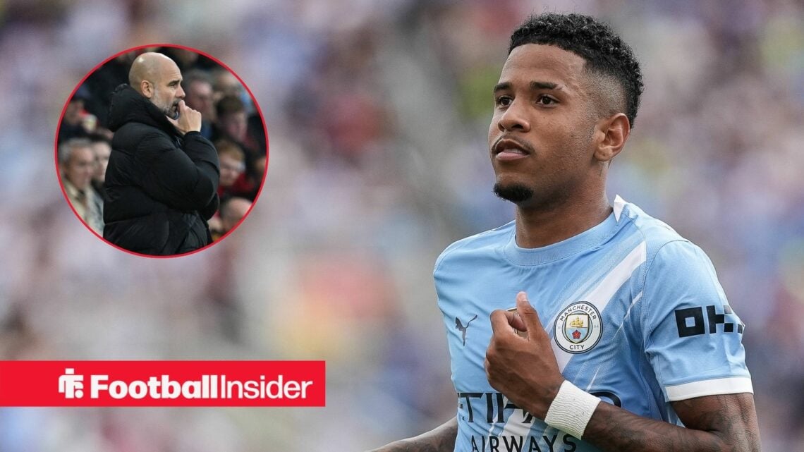 Savinho playing for Man City, Pep Guardiola in a circular inset