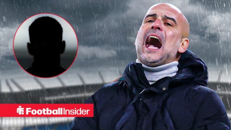 Savinho's silhouette on the left with Pep Guardiola shouting on the right for Man City