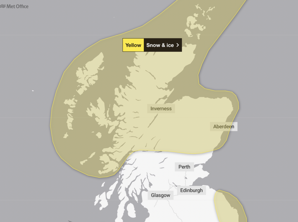The Met Office's yellow weather warning in Scotland.