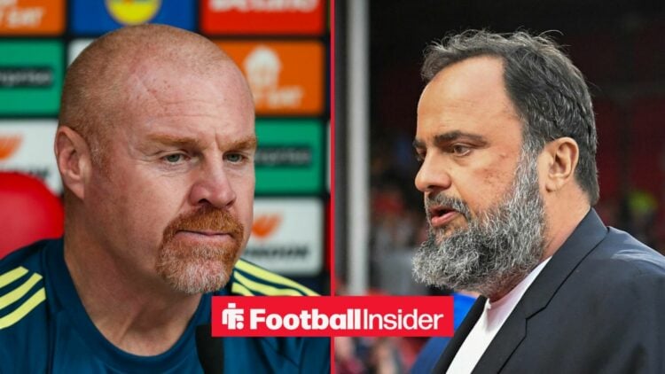 A split image as Nottingham Forest manager Sean Dyche sits in a press conference in the left half, while owner Evangelos Marinakis watches on from ...