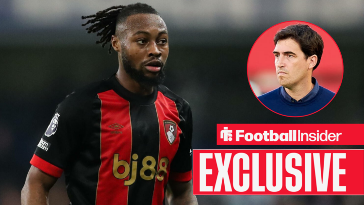 Bournemouth winger Antoine Semenyo alongside a circular inset of Bournemouth manager Andoni Iraola.