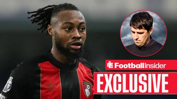 Bournemouth winger Antoine Semenyo alongside a circular inset of Bournemouth manager Andoni Iraola.
