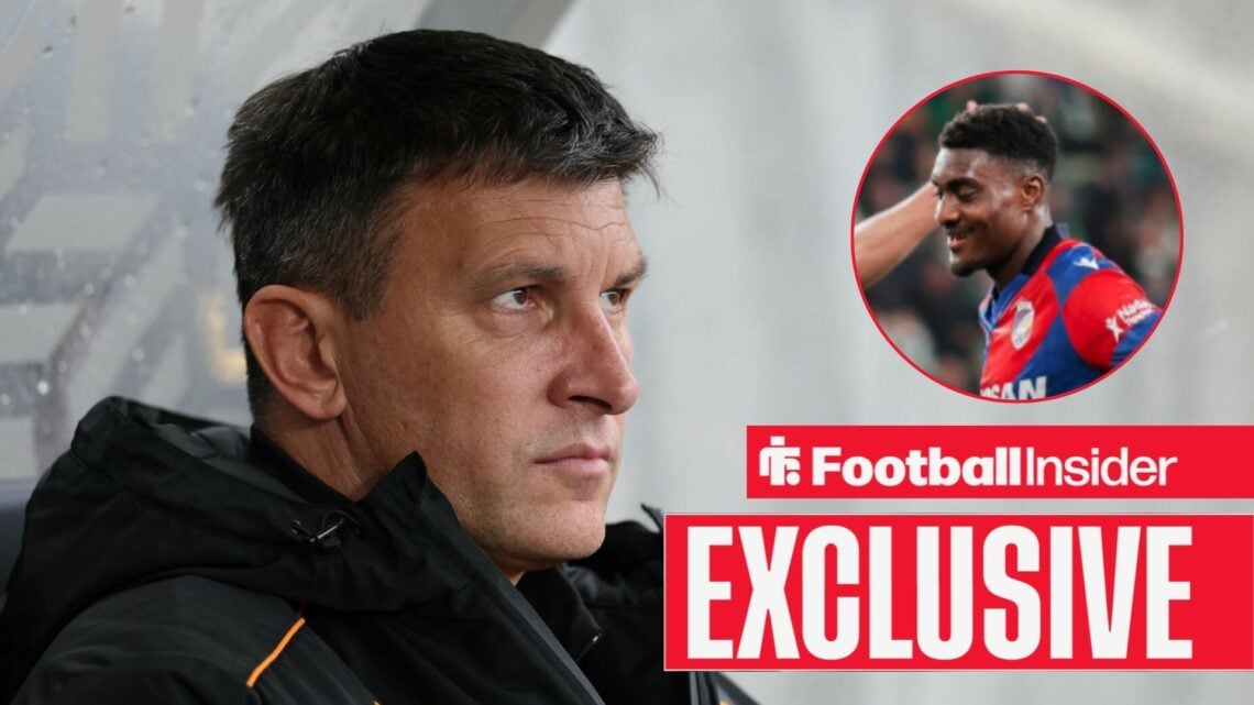 Sergej Jakirovic looking focused for Hull City on the left with a smiling Rafiu Durosinmi on the right