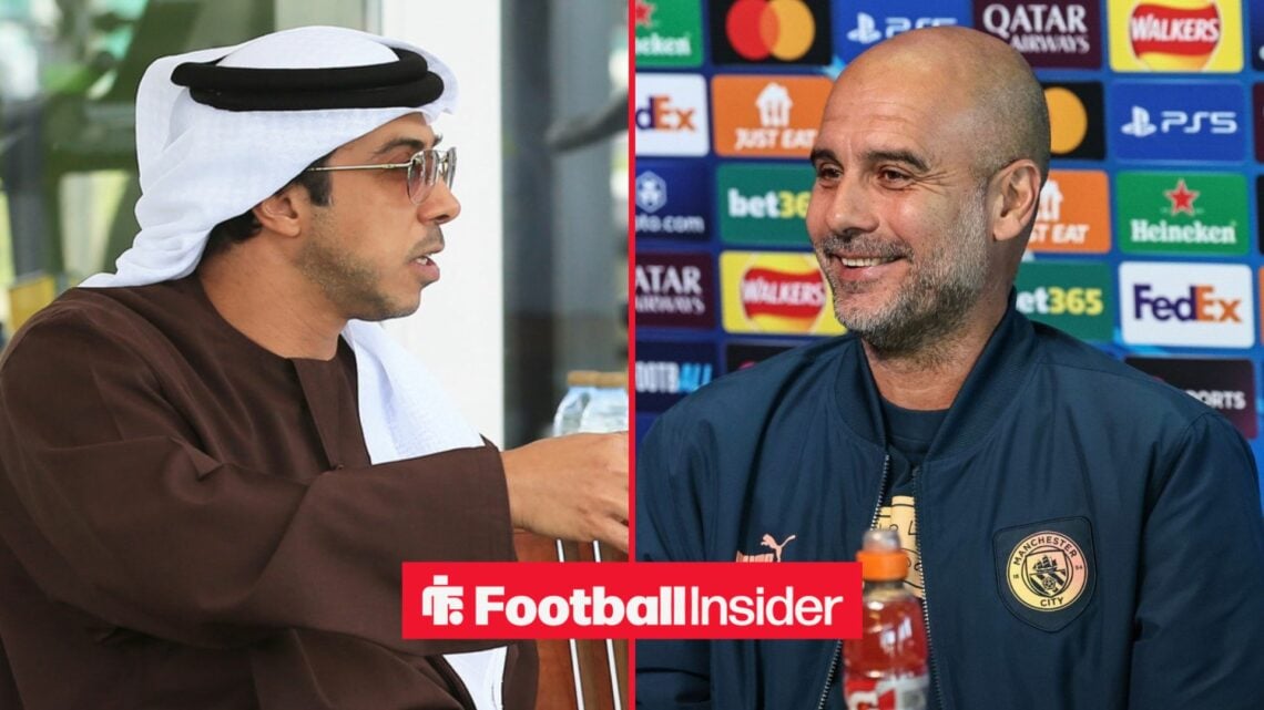 Sheikh Mansour looking serious alongside Pep Guardiola smiling