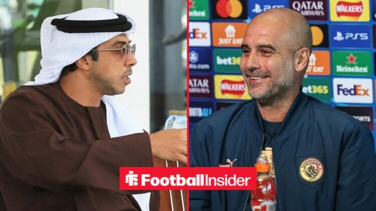 Sheikh Mansour looking serious alongside Pep Guardiola smiling