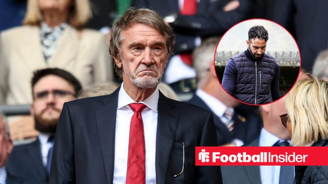 Sir Jim Ratcliffe looking sad with Ruben Amorim included in a circular inset
