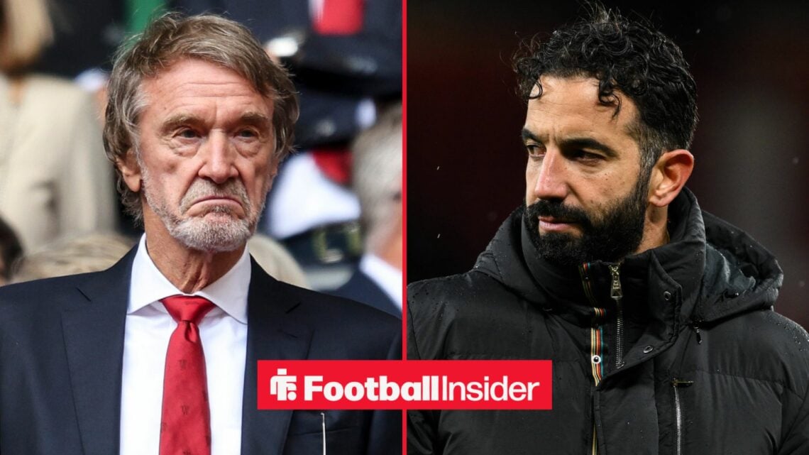 Sir Jim Ratcliffe looking upset alongside Ruben Amorim looking concerned