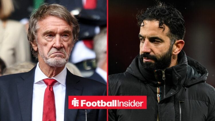 Sir Jim Ratcliffe looking upset alongside Ruben Amorim looking concerned