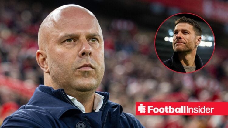 Arne Slot next to a circular inset of Xabi Alonso