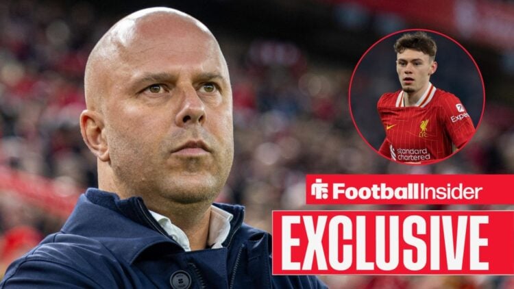 Arne Slot next to a circular inset of Conor Bradley