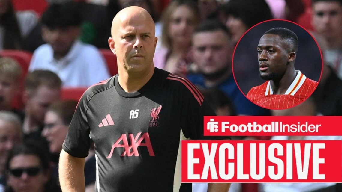 Arne Slot next to a circular inset of Ibrahima Konate