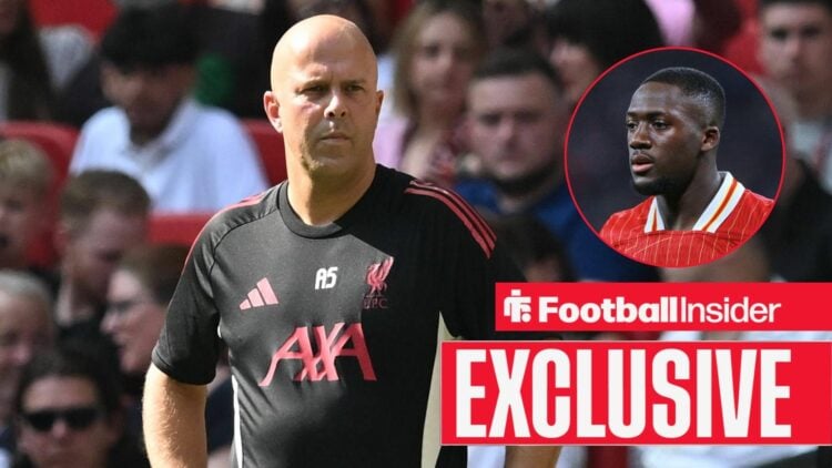 Arne Slot next to a circular inset of Ibrahima Konate