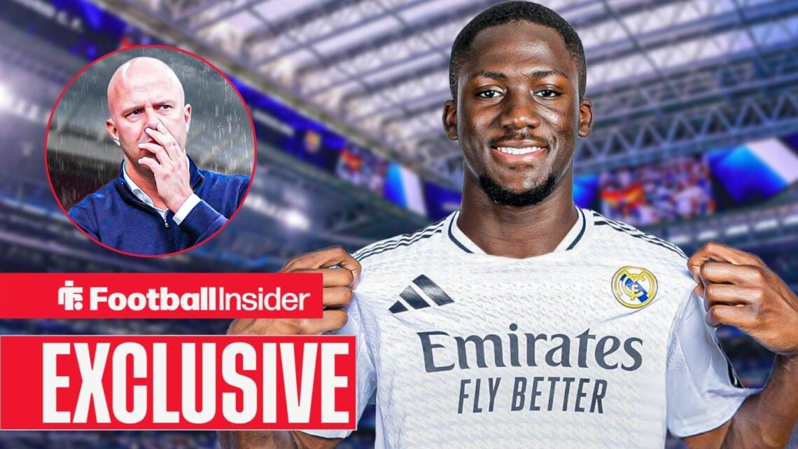 Ibrahima Konate in a Real Madrid kit smiling with Liverpool manager Arne Slot looking upset