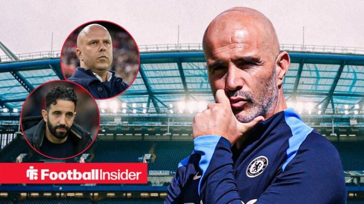 Enzo Maresca next to circular insets of Arne Slot and Ruben Amorim