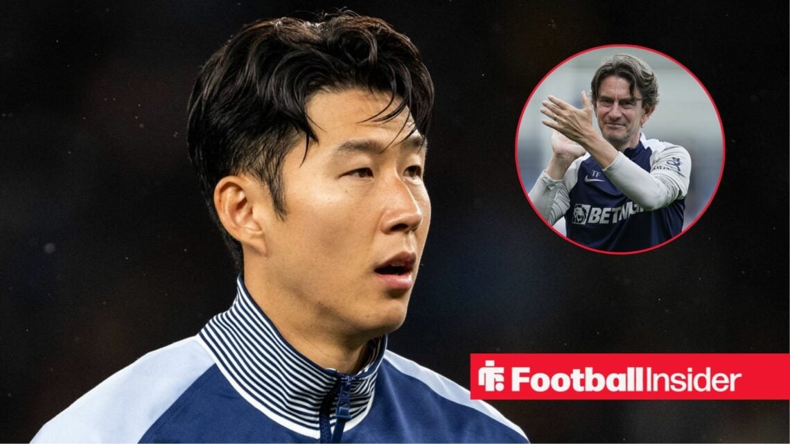 Son Heung-min looking surprised with Thomas Frank included in a circular inset