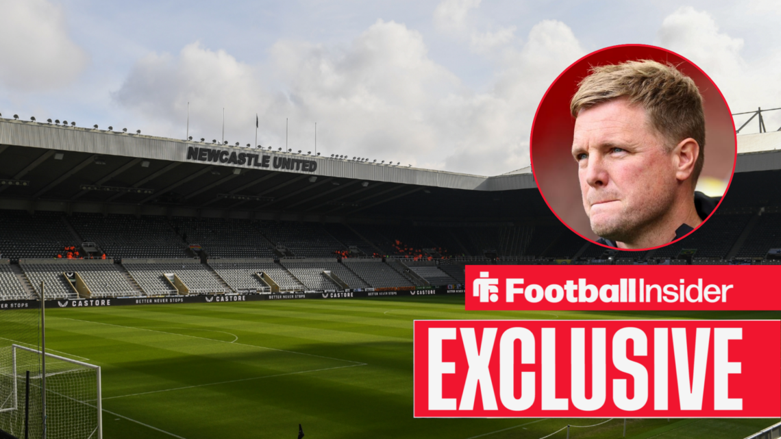 St James' Park alongside a circular inset of manager Eddie Howe