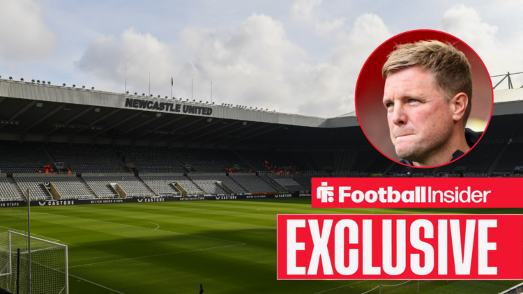 St James' Park alongside a circular inset of manager Eddie Howe