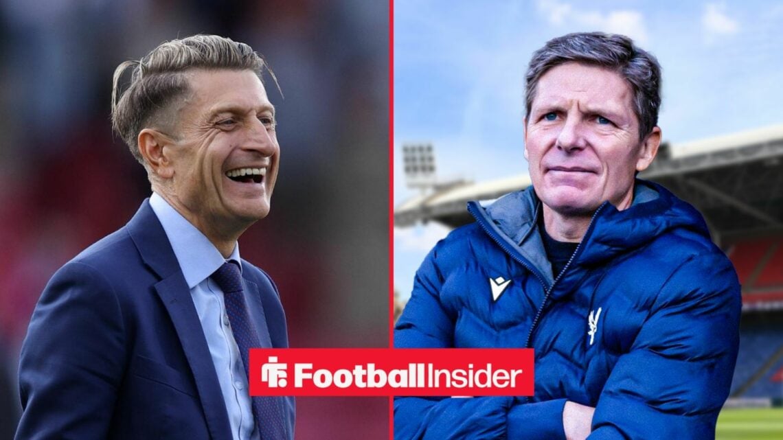 Steve Parish smiling at Selhurst Park, and Oliver Glasner with his arms crossed