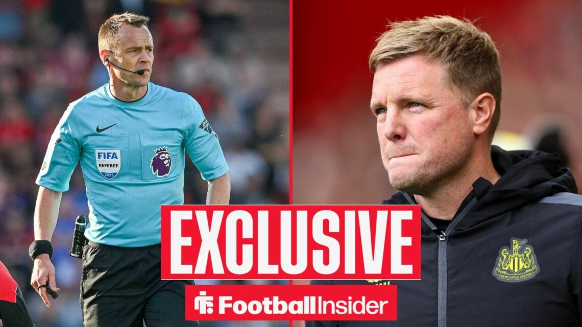 Referee Stuart Attwell alongside Newcastle manager Eddie Howe