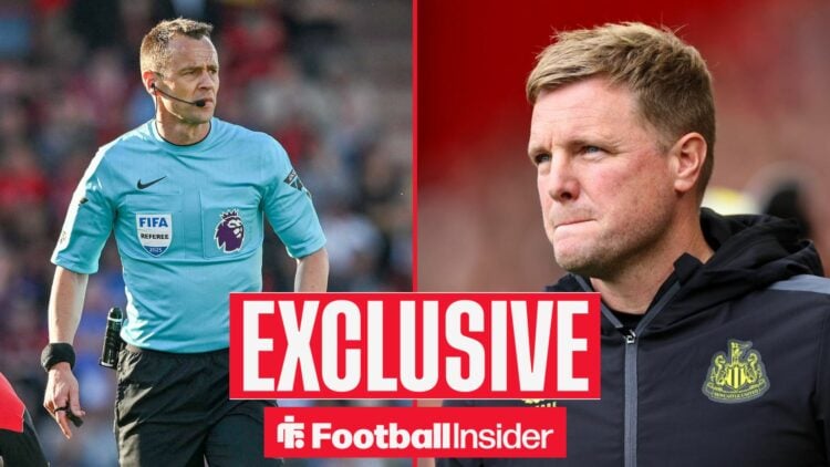 Referee Stuart Attwell alongside Newcastle manager Eddie Howe