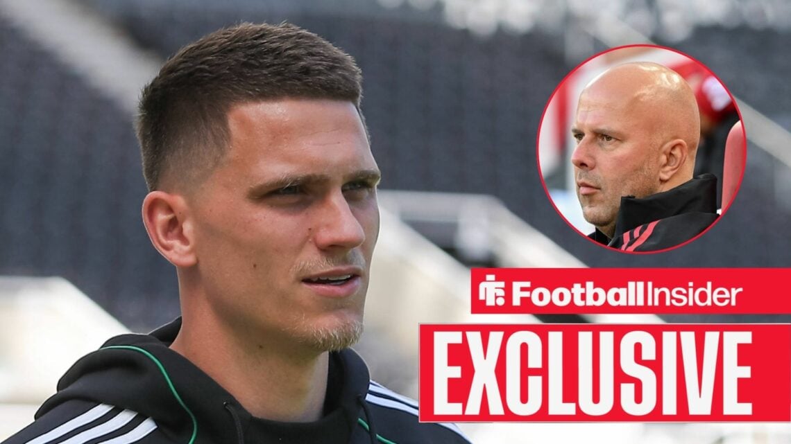 Sven Botman looking focused on the left for Newcastle with a serious Arne Slot on the right