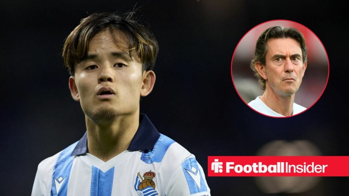 Takefusa Kubo looking focused on the left with a serious Thomas Frank on the right for Tottenham