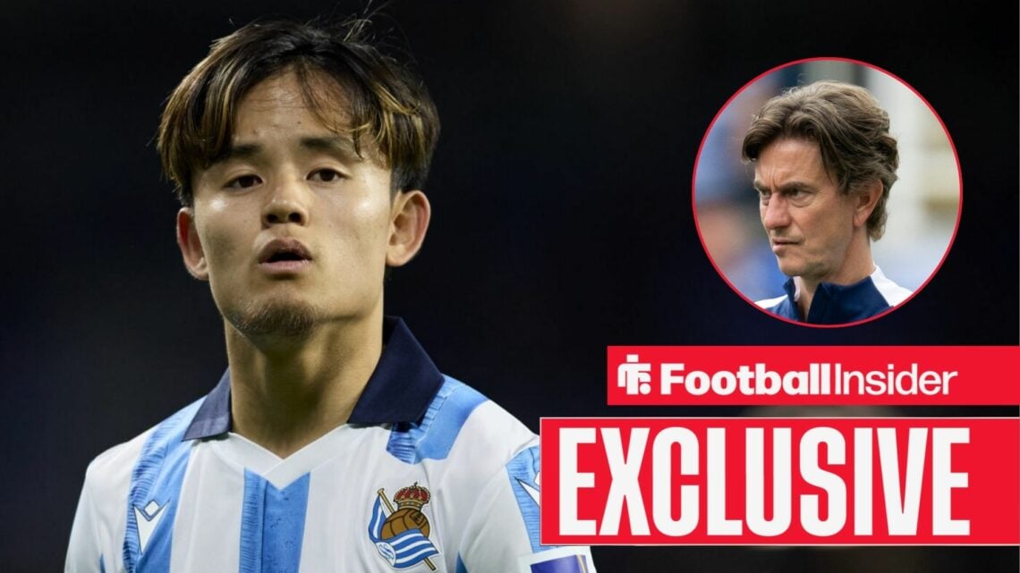 Takefusa Kubo looking focused on the left with Thomas Frank serious on the right for Tottenham