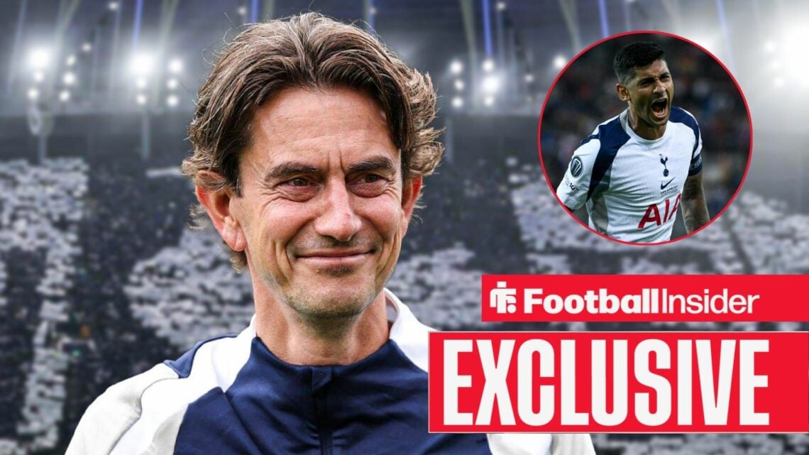 Thomas Frank smiling with Cristian Romero included in a circular inset