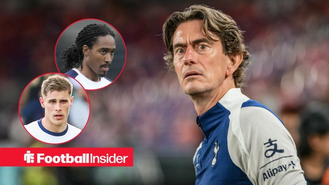 Thomas Frank on the sidelines at Tottenham, with Djed Spence and Micky van de Ven in circular insets