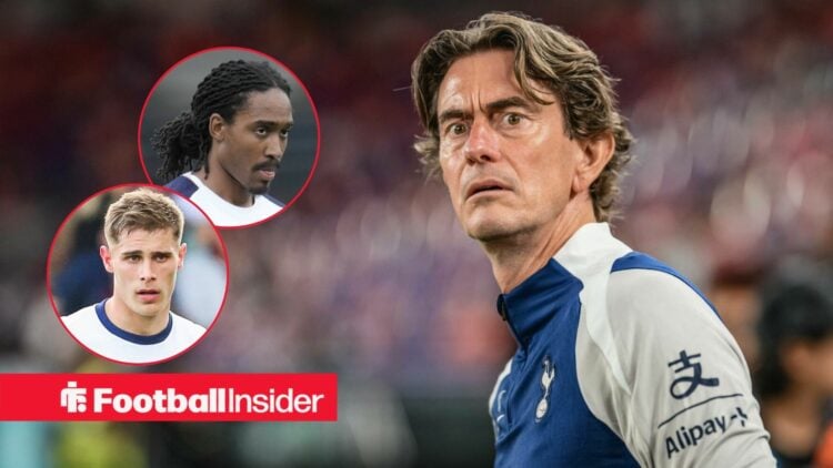 Thomas Frank on the sidelines at Tottenham, with Djed Spence and Micky van de Ven in circular insets