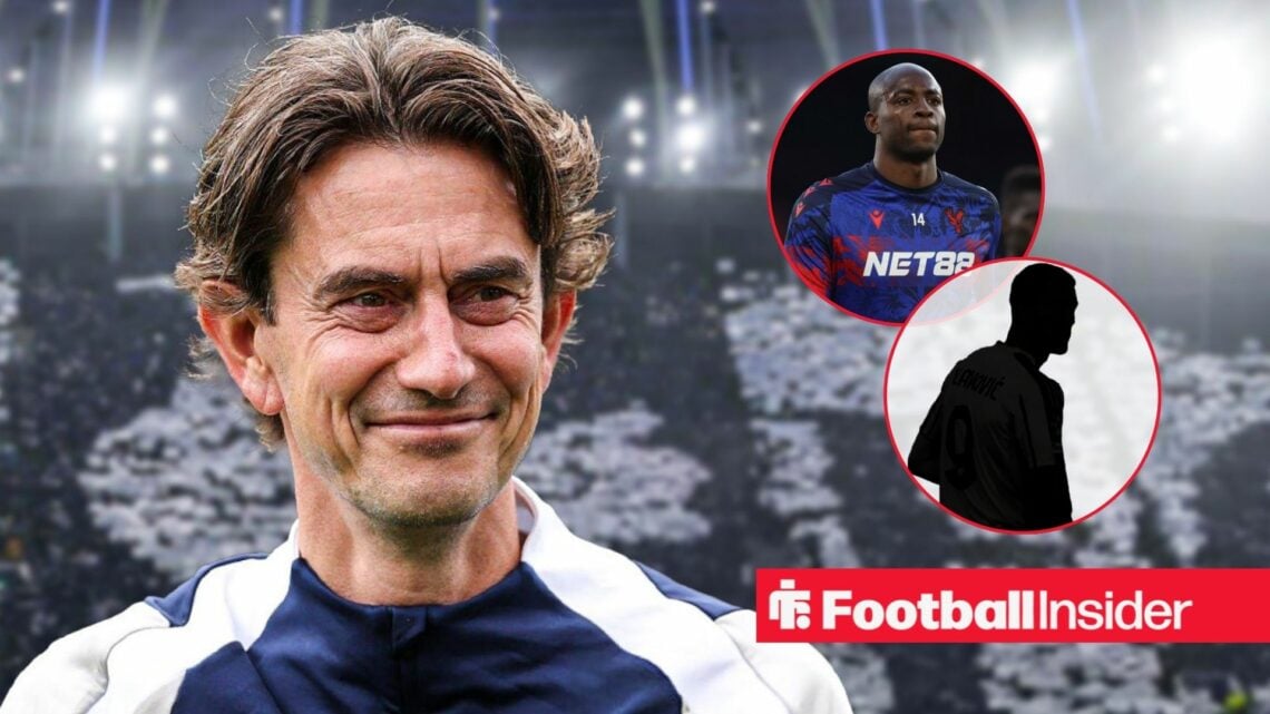 Thomas Frank at the Tottenham Hotspur Stadium, Jean-Philippe Mateta and Dusan Vlahovic's silhouette in a circular inset