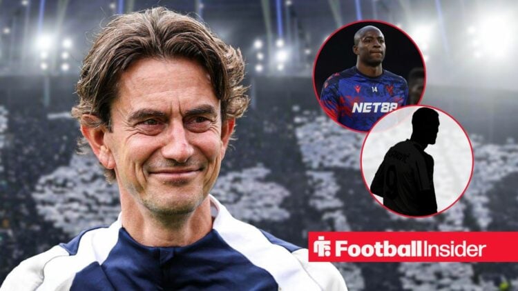 Thomas Frank at the Tottenham Hotspur Stadium, Jean-Philippe Mateta and Dusan Vlahovic's silhouette in a circular inset