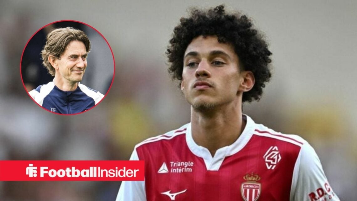 Maghnes Akliouche in action for Monaco, with Thomas Frank in a circular inset