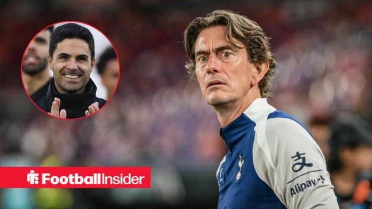 Thomas Frank on the sideliens at Tottenham, with Mikel Arteta in a circular inset