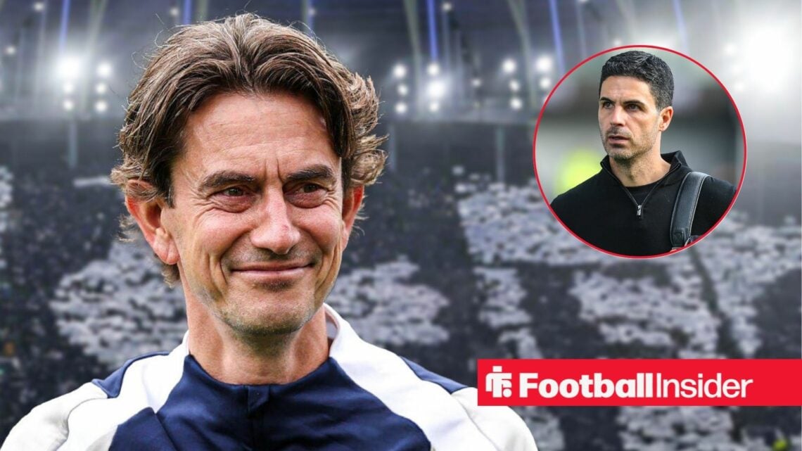 Thomas Frank at the Tottenham Hotspur Stadium, Mikel Arteta in a circular inset