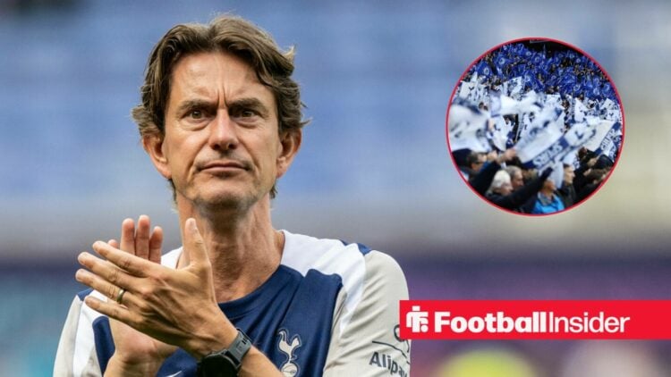 Thomas Frank applauding at Tottenham, with Spurs fans in a circular inset