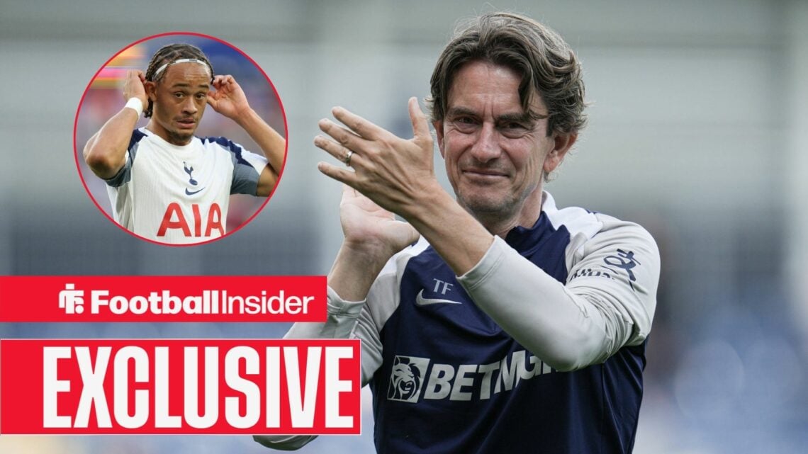 Thomas Frank clapping alongside Xavi Simons in a Tottenham shirt