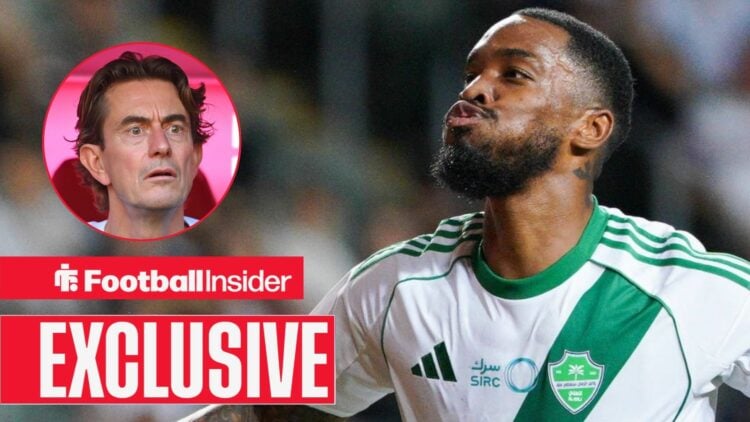 Thomas Frank looking shocked on the left with Ivan Toney celebrating on the right