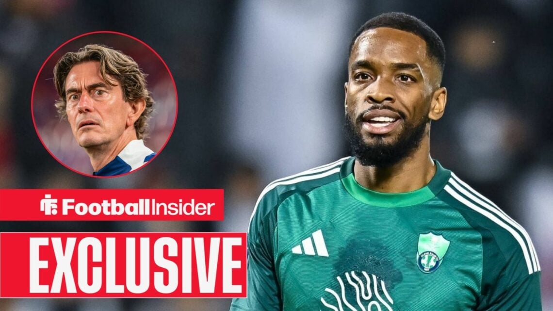 Thomas Frank looking shocked on the left with Ivan Toney focused on the right