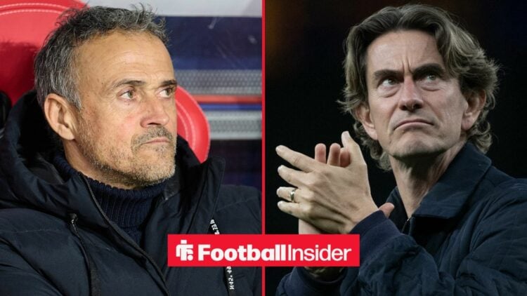 Luis Enrique looking serious on the left with Thomas Frank clapping on the right for Tottenham