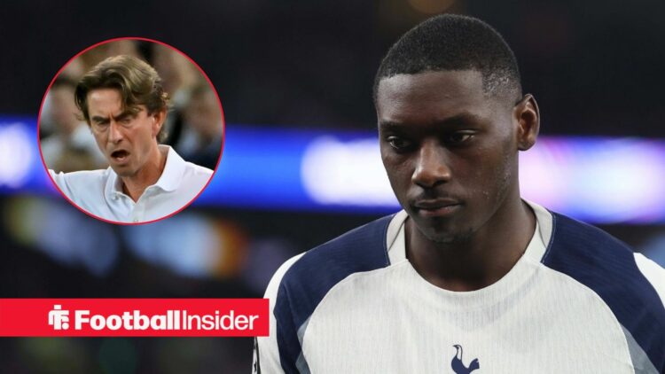 Thomas Frank looking angry on the left with Randal Kolo Muani looking sad on the right for Tottenham